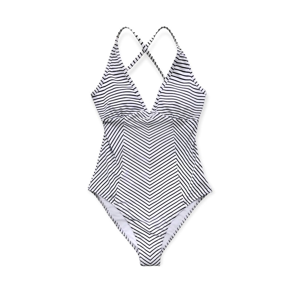 CUPSHE Black and White Stripe V-Neck One-Piece Swimsuit L NWT